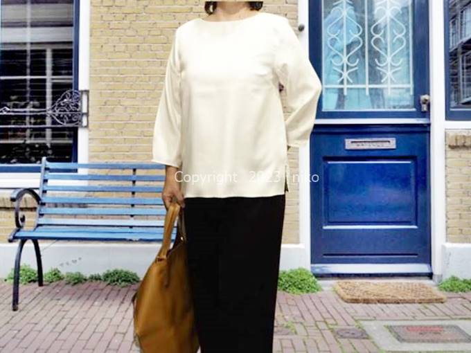透けない白ブラウス　洋服の青山　ボートネック　7分袖　着画　パンツコーデ　ビジネス